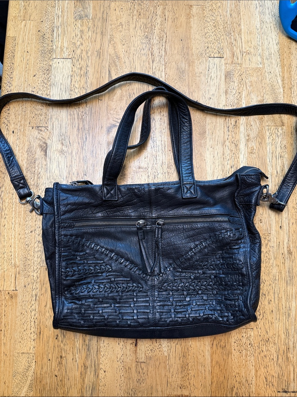 Day & Mood Black Leather Tote Bag with Woven Detail